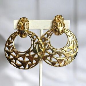 1980s Openwork Door Knocker Earrings Goldtone Clip On